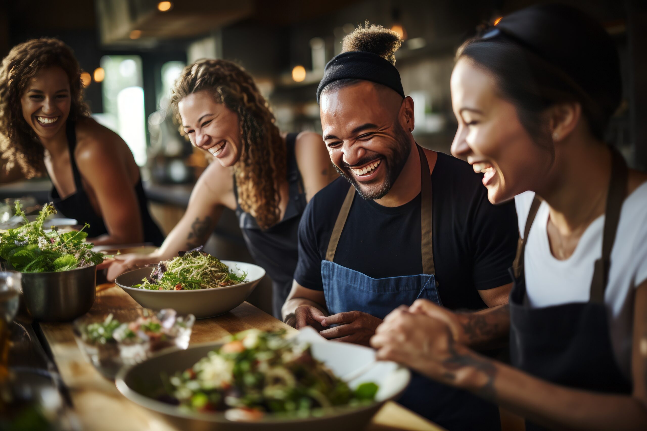 Chefs cooking and enjoying
