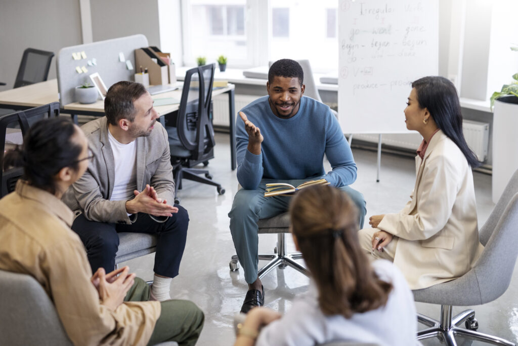 Group of colleagues in an office. Skill recognition and HR recruitment for talent strategies and career advice.