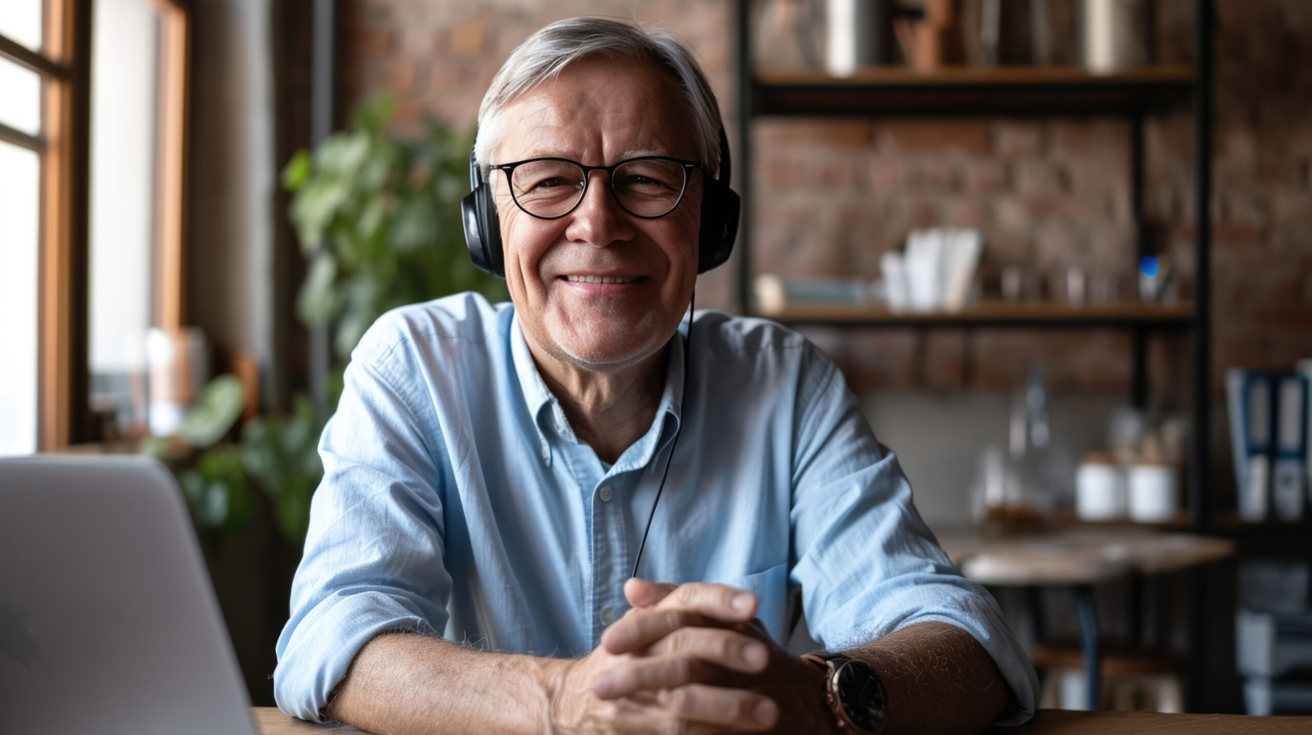 Cheerful elderly man wearing headphones and glasses, using a laptop