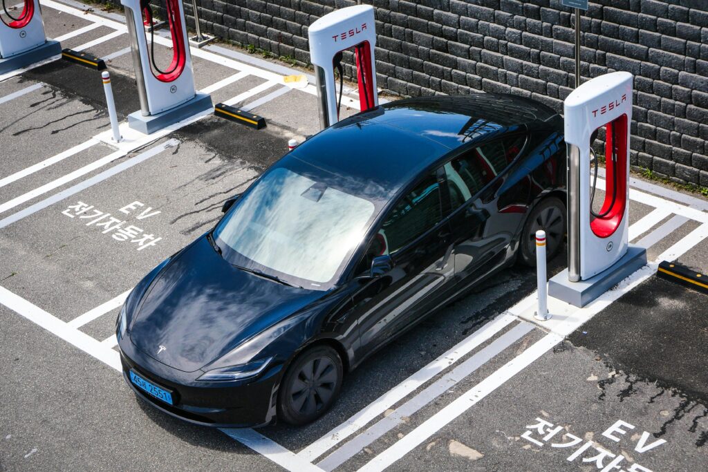 Tesla Car at tesla ev charging station