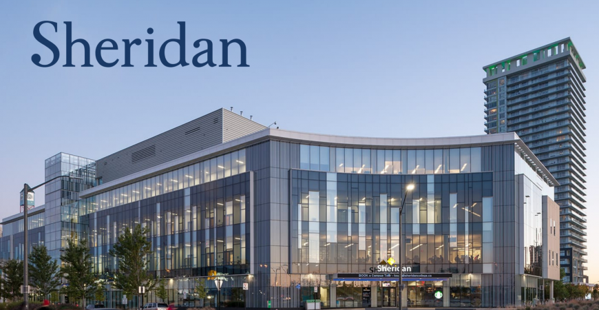 "Exterior view of Sheridan College building showcasing modern architecture and campus environment."