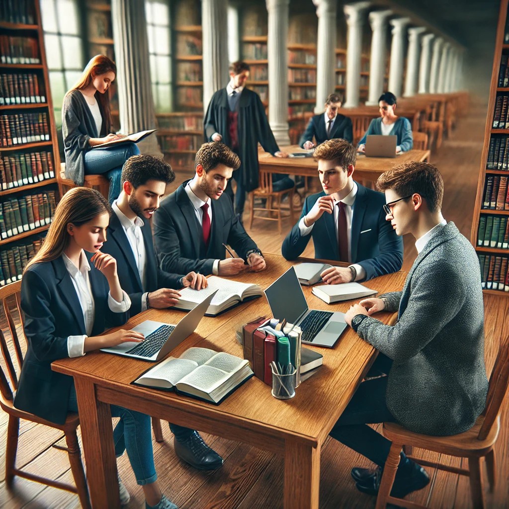 Students from diverse disciplines work together in a university library, using laptops and textbooks around a wooden table. The bookshelves and quiet setting highlight academic collaboration in a natural learning environment.