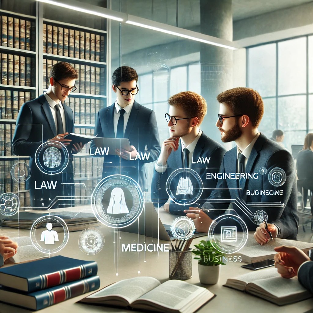 College students from law, engineering, medicine, and business discuss ideas in a well-lit study area, using laptops and books. A whiteboard and bookshelves create an academic atmosphere for interdisciplinary teamwork.