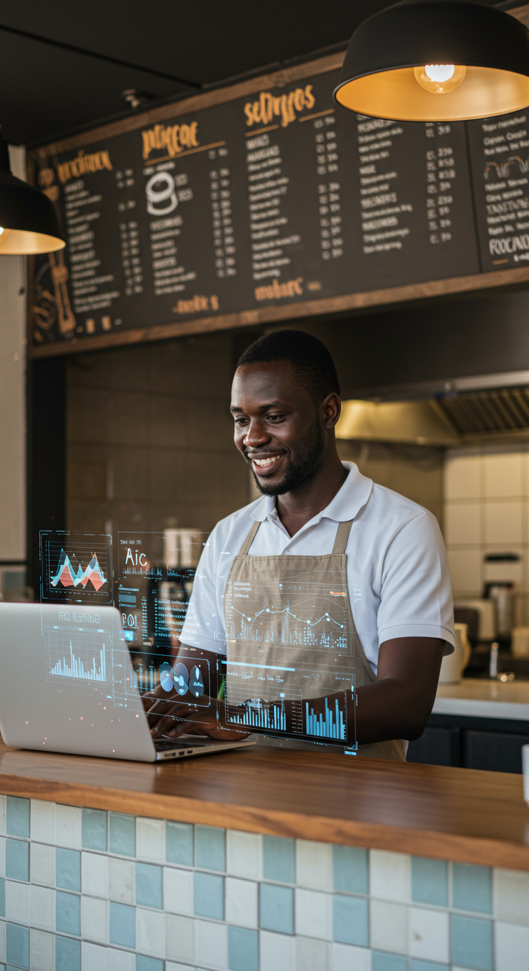 Restaurant owner using AI tools for restaurant marketing
